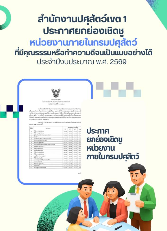 สำนักงานปศุสัตว์เขต 1 ประกาศยกย่องเชิดชูหน่วยงานภายในกรมปศุสัตว์ที่มีคุณธรรมหรือทำความดีจนเป็นแบบอย่างได้ ประจำปีงบประมาณ พ.ศ. 2569