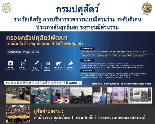 รางวัลเลิศรัฐ การบริหารราชการแบบมีส่วนร่วม ประจำปี 2567 ระดับดีเด่น  ประเภทสัมฤทธิผลประชาชานมีส่วนร่วม "ครอบครัวปศุสัตว์พัฒนา ทำดีร่วมใจ ฝ่าวิกฤตภัยพิบัติ กำจัดโรคพิษสุนัขบ้า"